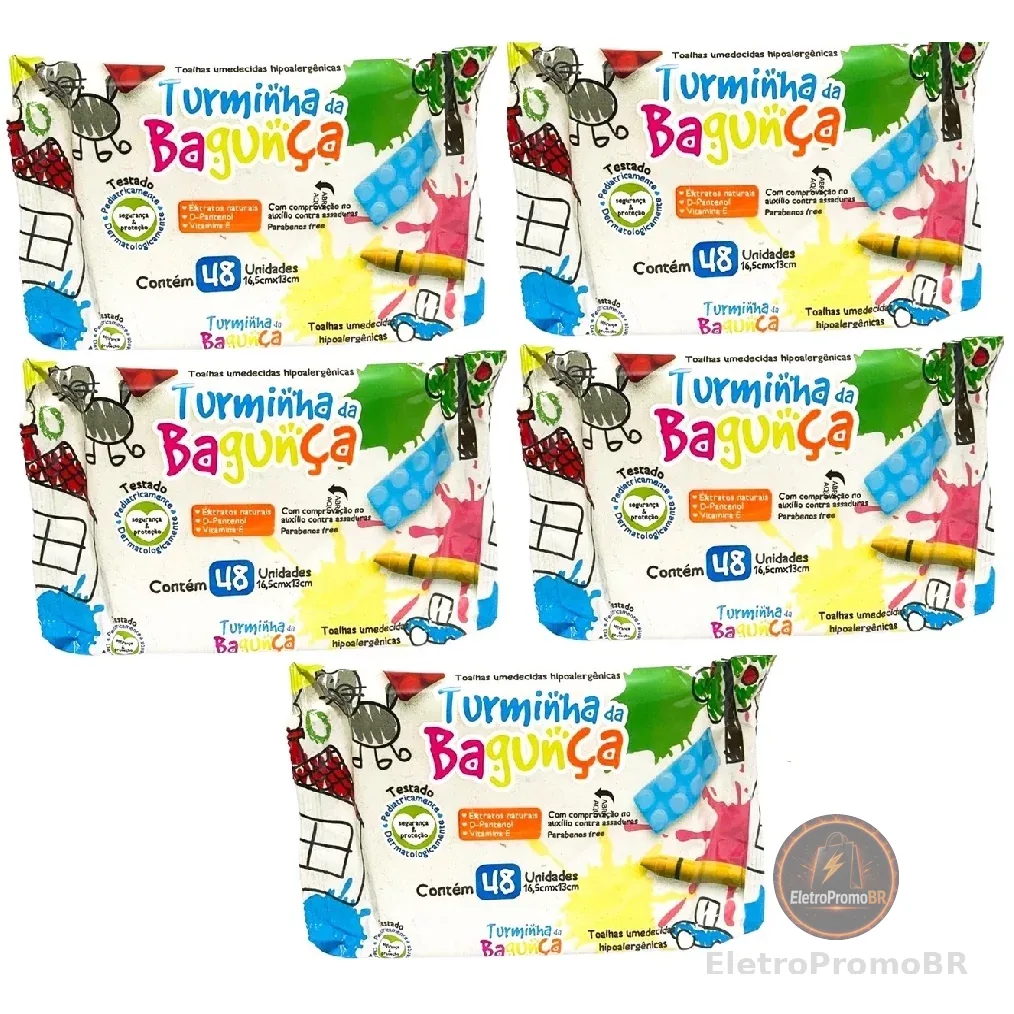 Kit com 5 - Lenço Umedecido Turminha da Bagunça Toalha Umedecida 48 Unidades
