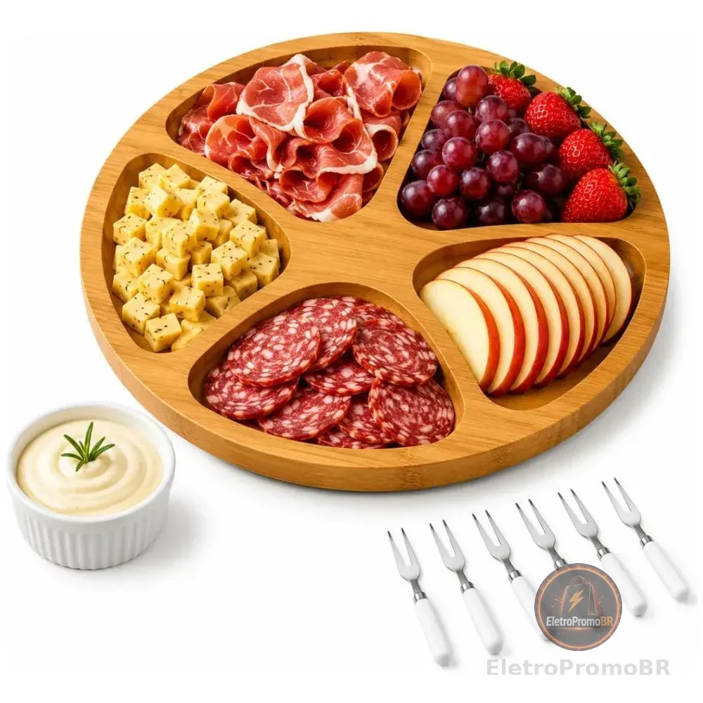 Kit Petisqueira Redonda com 5 Divisórias, Molheira Ramekin e 6 Garfinhos para Servir Frios, Queijos, Petiscos e Molhos