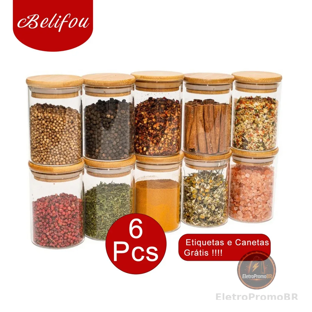 Belifou 200ML Kit 6 Potes Para Alimentos Com Tampa Bambu Potes Vidro Potes Pote De Vidro Selado
