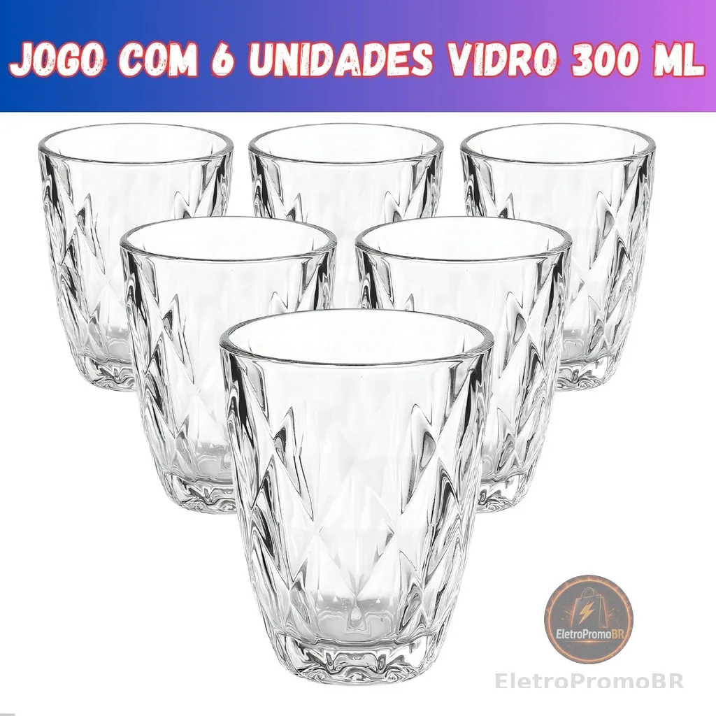 Jogo 6 Copos Baixos Diamond 300ml Vidro Grosso Diamante Luxo