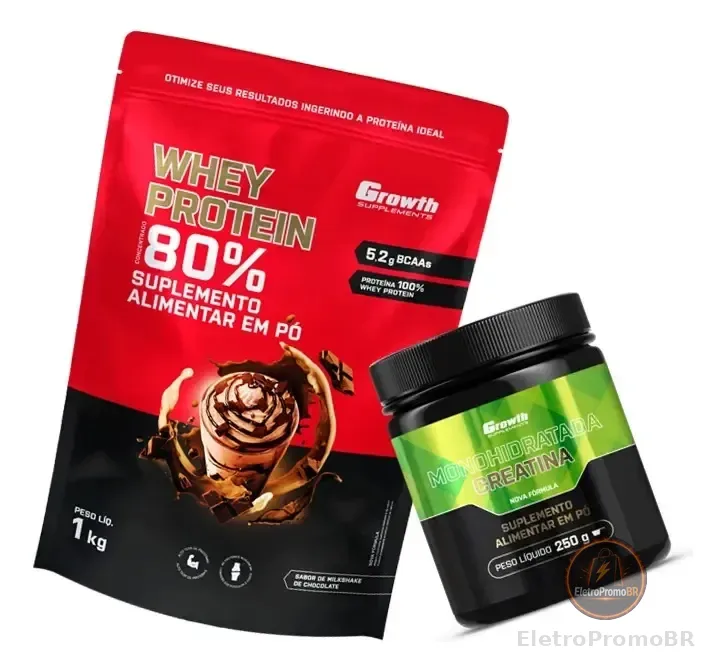 Kit Growth: Whey Protein Milkshake Chocolate 1kg + Creatina Monohidratada 250g Sem Sabor