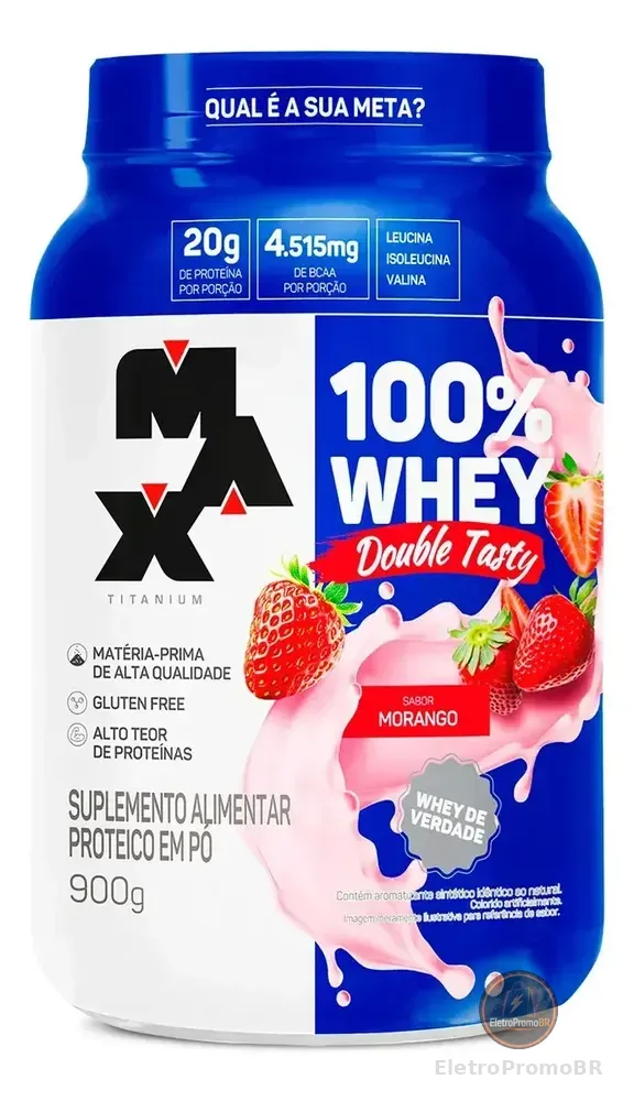100% Whey Double Tasty Pote 900g Max Titanium Sabor Morango
