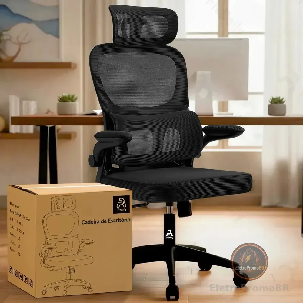 Cadeira de Escritório Sweet Studio Ergonômica Preta, com Apoio de Cabeça e Suporte Lombar