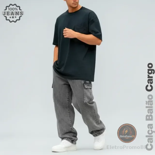 Calça Jeans Cargo Masculina Streetwear Preta Mescla 34 Ao 44