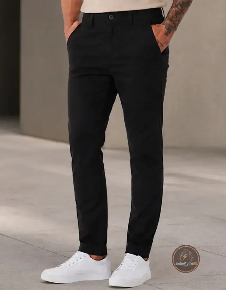 Calça Sarja Masculina Social Slim Elastano Bolso Embutido Sarja Preta 44