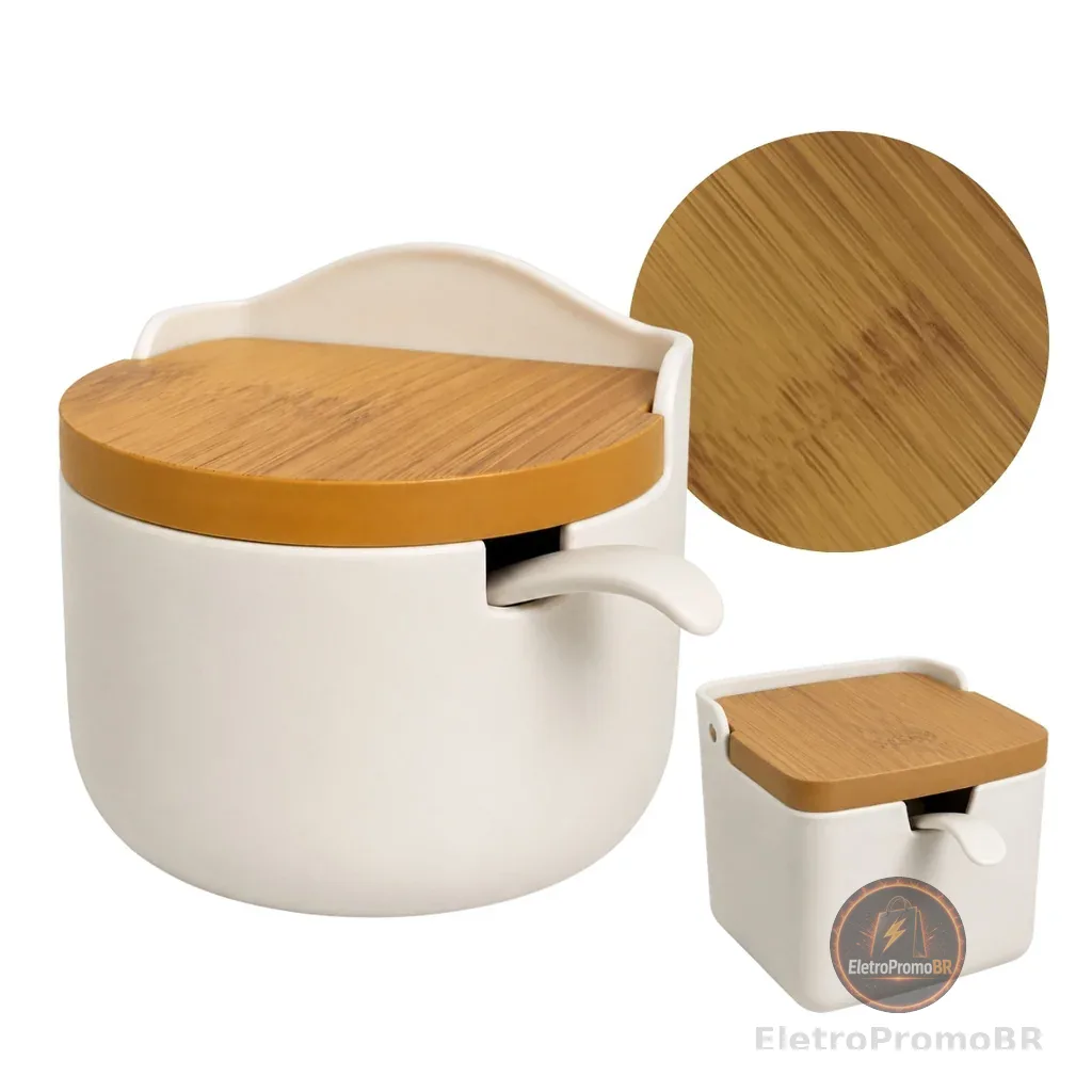 Porta Temperos Saleiro Premium em Plástico Resistente Visual Cerâmica com Colher Inclusa