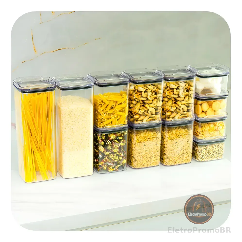 Kit 12 Potes Herméticos Porta Mantimentos Quadrado Cozinha Cor Transparente