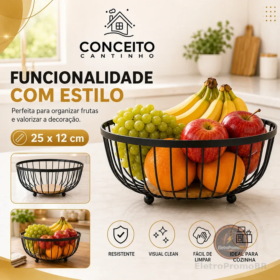 Fruteira de Mesa ou Bancada Rustica de Ferro e Bambu para Café da Manhã de Metal Preto Multiuso