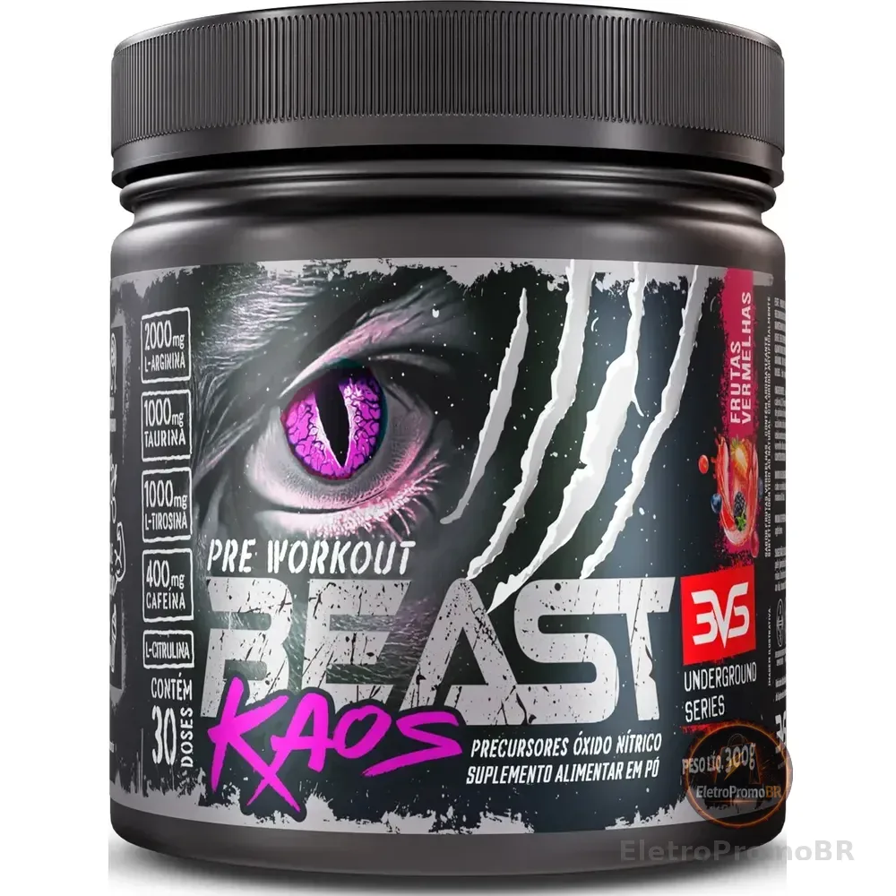 Pré Treino Beast Kaos 300g - Sabor Frutas Vermelhas - Extra Forte Com Citrulina, Beta Alanina, Cafeína, Arginina, Taurina E Tirosina