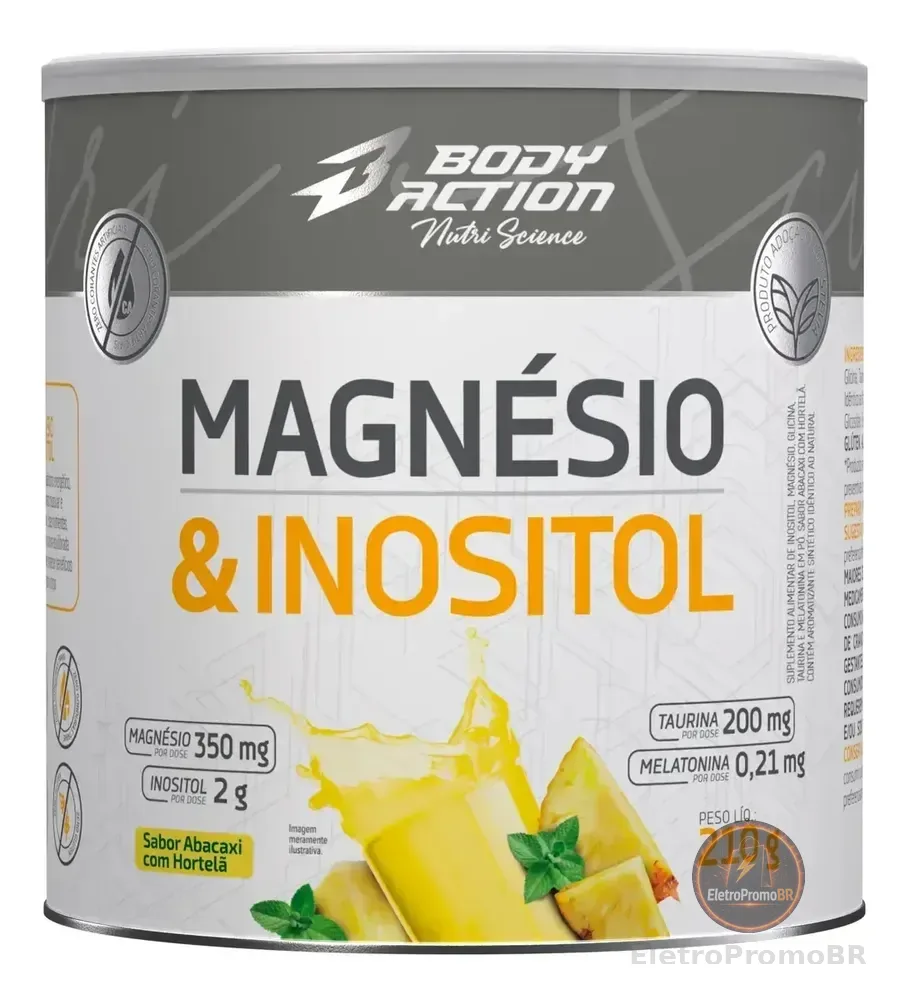 Magnésio E Inositol Taurina Melatonina 210g Bodyaction Sabor Abacaxi Com Hortelã