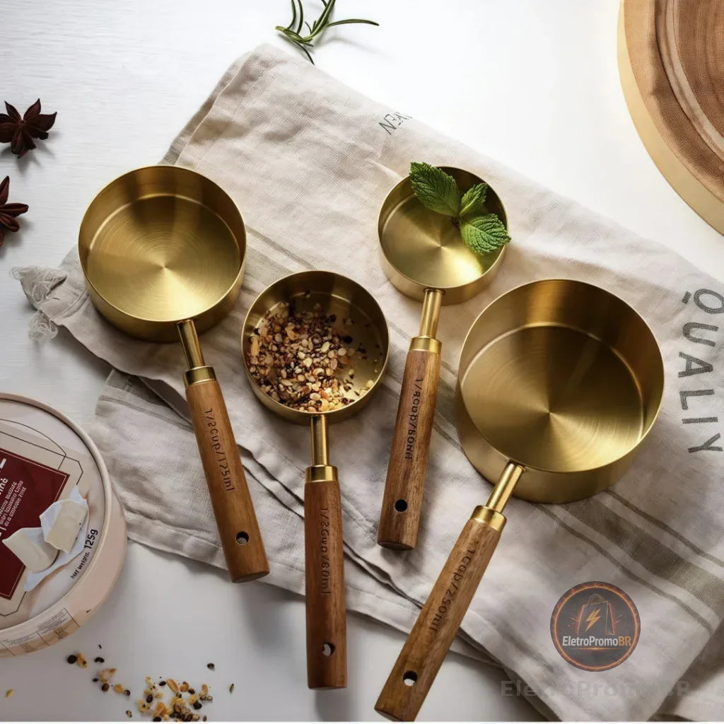 Colheres Medidoras de Aço Inoxidável com Cabo de Madeira – Dourado Luxo para Cozinha Moderna