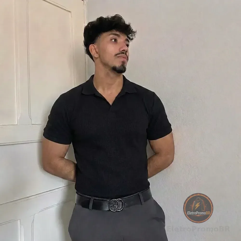 Camiseta Gola Polo Masculina Minimalista Tecido Texturizado Preto Liso M Texturizado