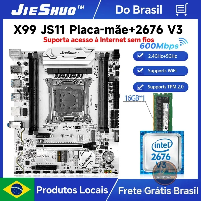 Kit Placa Mãe JIESHUO X99-JS11 + Xeon E5-2676 V3, Utiliza 16GB de memória DDR3 ,  TPM 2.0, para PC Gamer LGA2011-3
