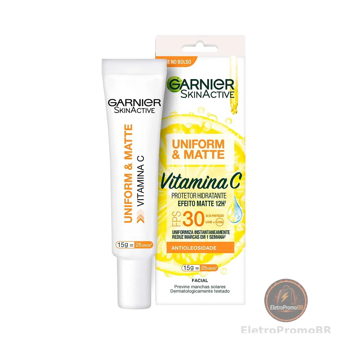 Garnier Uniform & Matte Protetor Hidratante Facial com Vitamina C e Ação Antioxidante, Controla a Oleosidade e Reduz Marcas, Efeito Matte 12h, FPS 30, 15ml