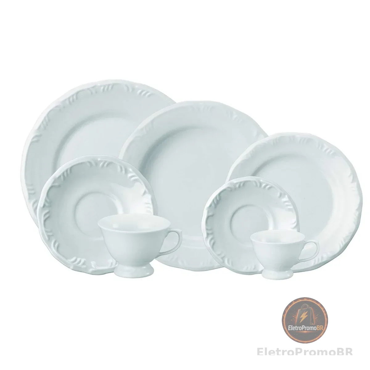Serviço de Jantar Chá Café 42 peças em Porcelana. Modelo Redondo com Relevo Pomerode. Branca. Fabricado pela Schmidt.