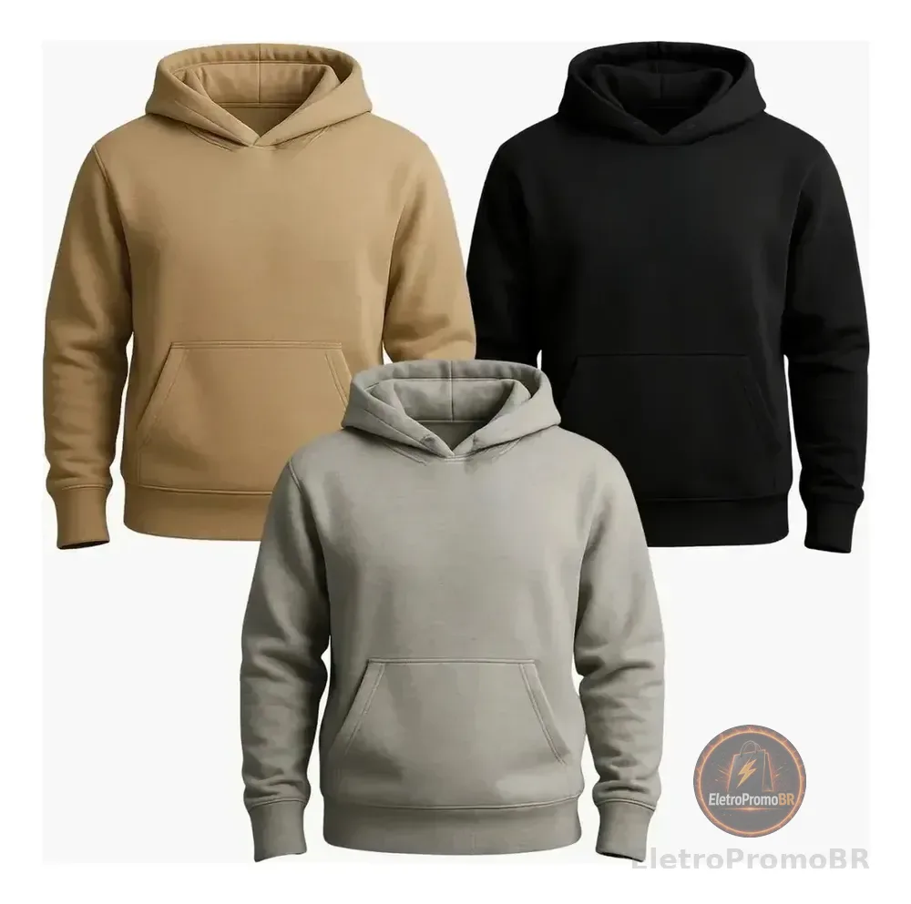 Kit 3 Moleton Flanelado Roupa Frio Inverno Peluciado Básico G Kit Bege / Preto / Cinza