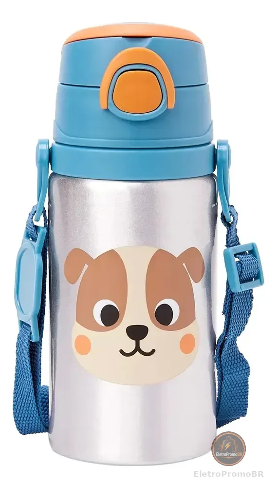 Garrafinha Infantil Escolar Aluminio Com Canudo 450ml Buba Azul-aço Cachorrinho
