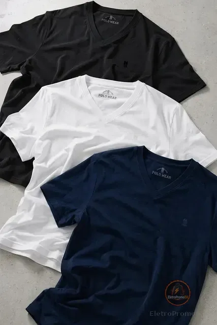 Kit 3 Camisetas Básicas Gola V Polo Wear Sortido