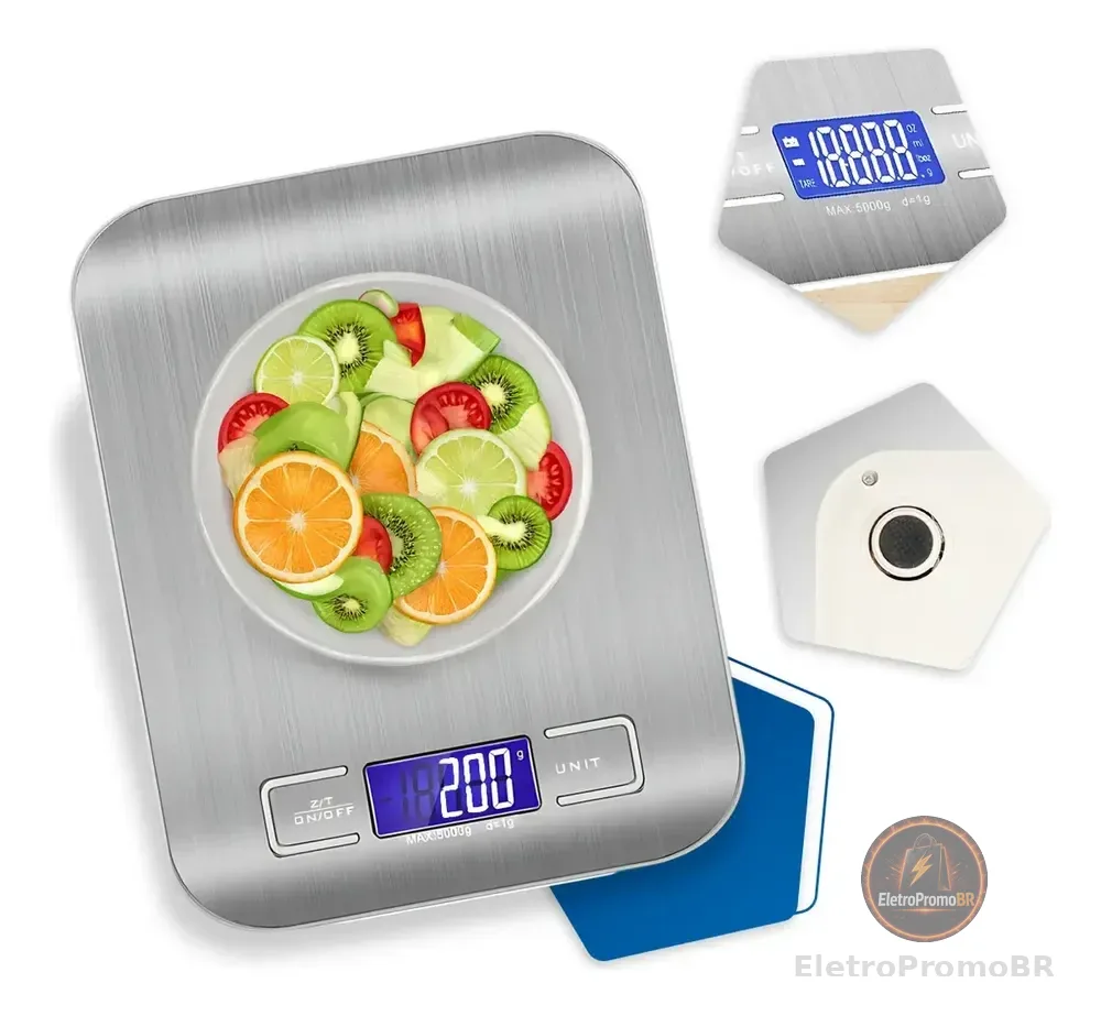 Balança Digital Cozinha Fitness Inox 10kg Alimentos Visor Grande Alta Precisão Pesar Dieta Portátil Profissional E Domestico Confeitaria Nutricional Ingredientes Foods Comida Prateada Pilha Nixzen