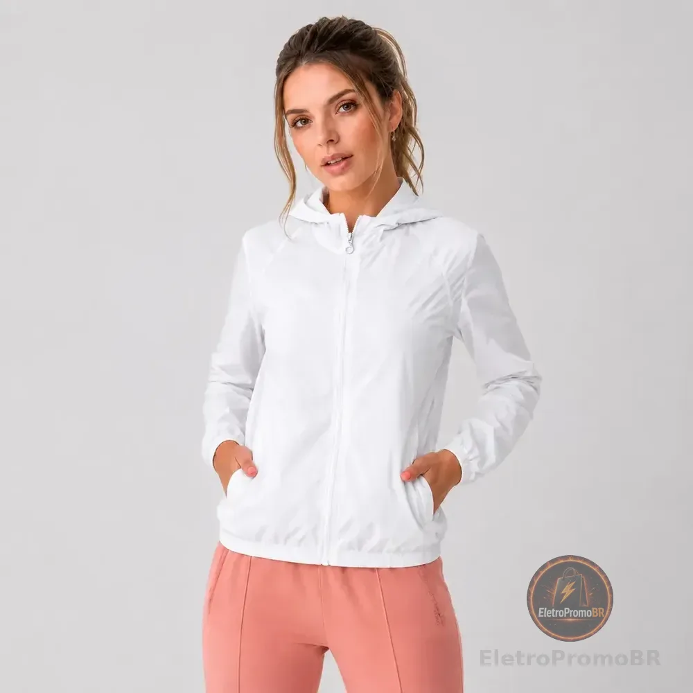 Jaqueta Feminina Iz Corta Vento Ultra Leve Com Capuz 2026 Branco P Liso