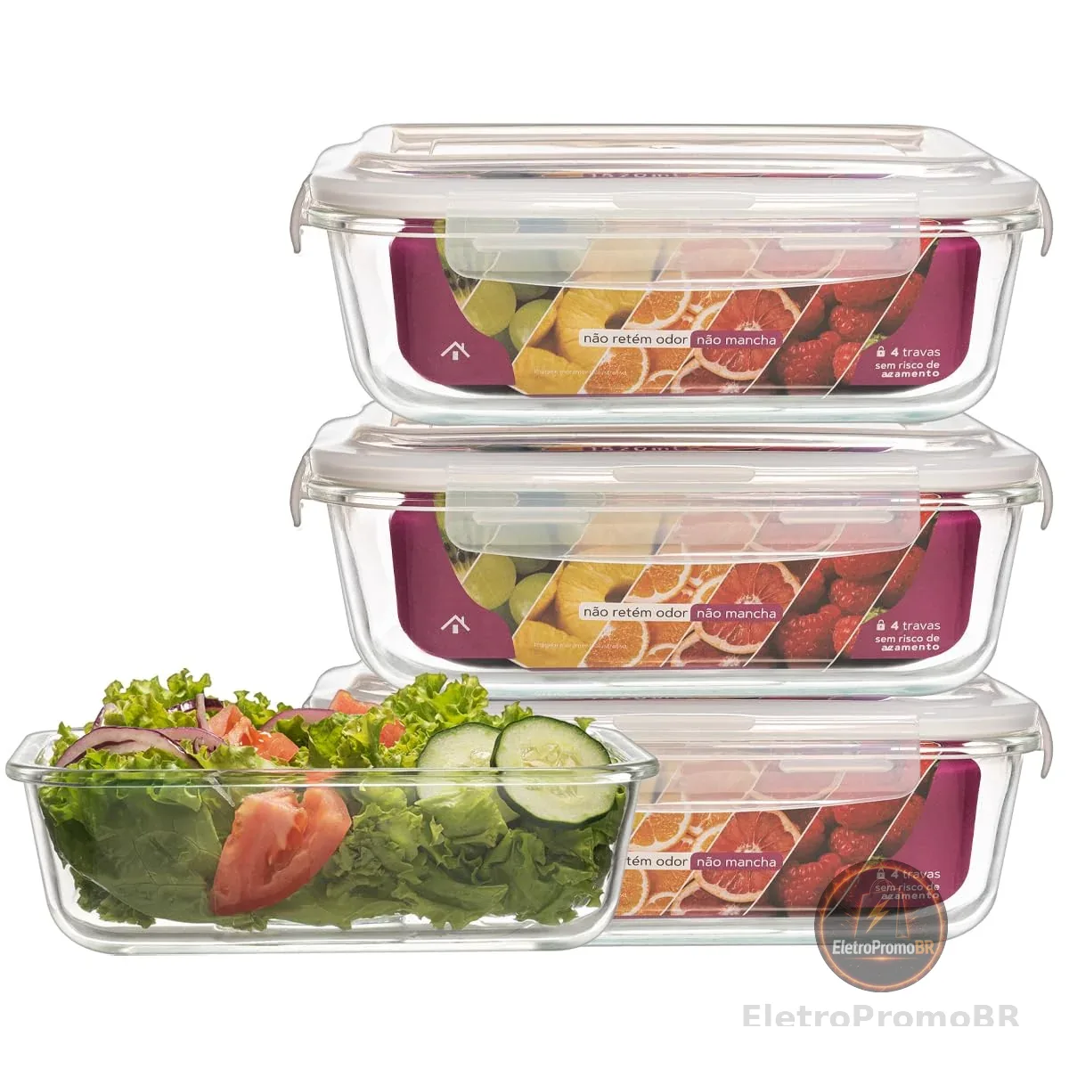 KIT 3 Potes de Vidro Retangular com Tampa Hermética 1520ml Cor:Branco (QH)
