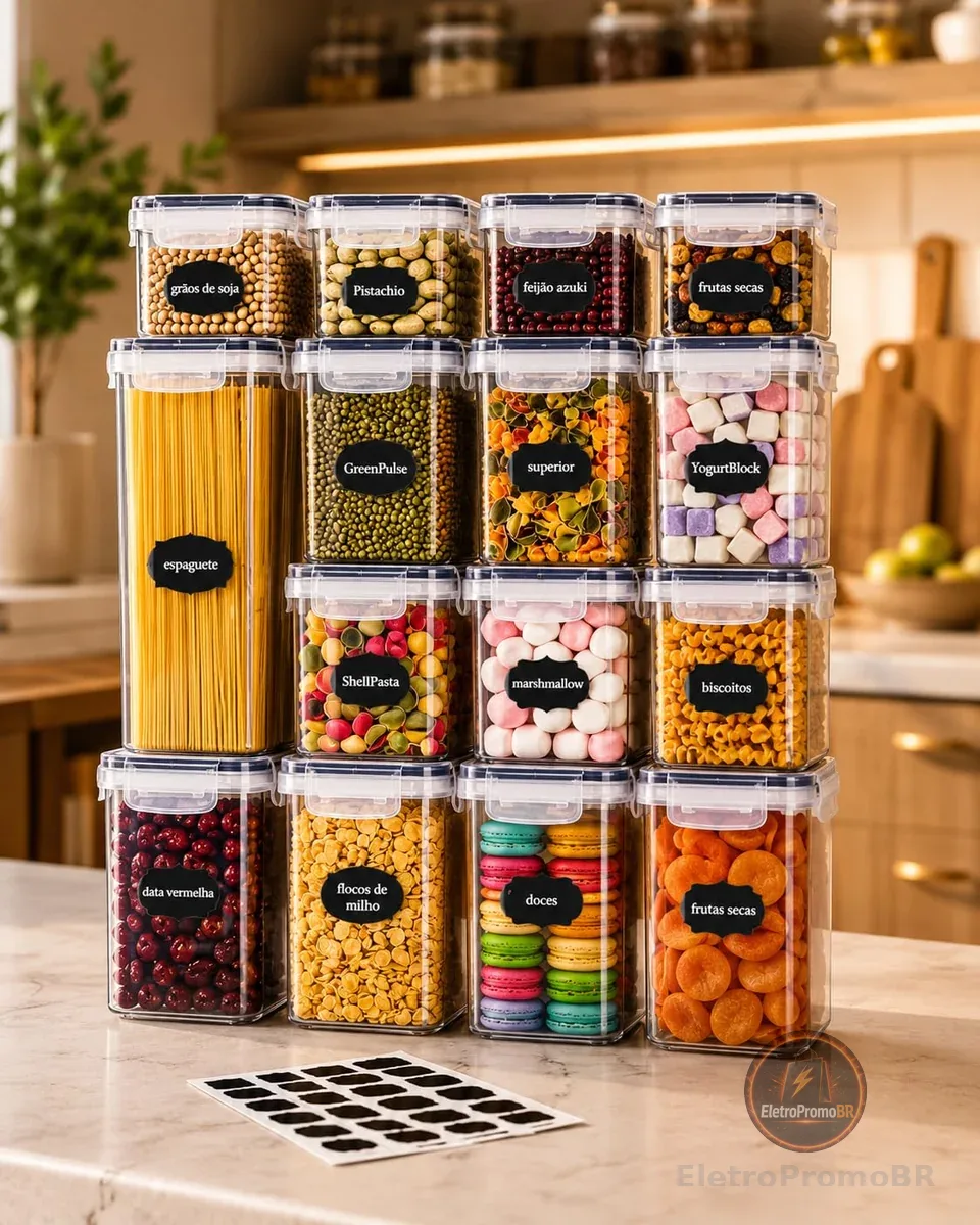 Kit 15 Potes Herméticos para Mantimentos com Etiquetas e Caneta, Organizadores de Despensa Empilháveis, Vedação com Silicone, Recipientes para Cozinha, Armário e Alimentos