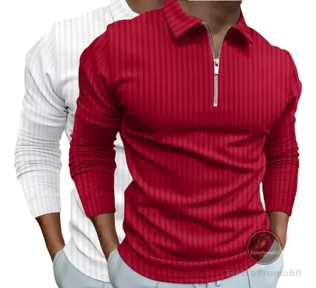 Kit 2 Camisas Polo Manga Longa Blusa Masculina Zíper