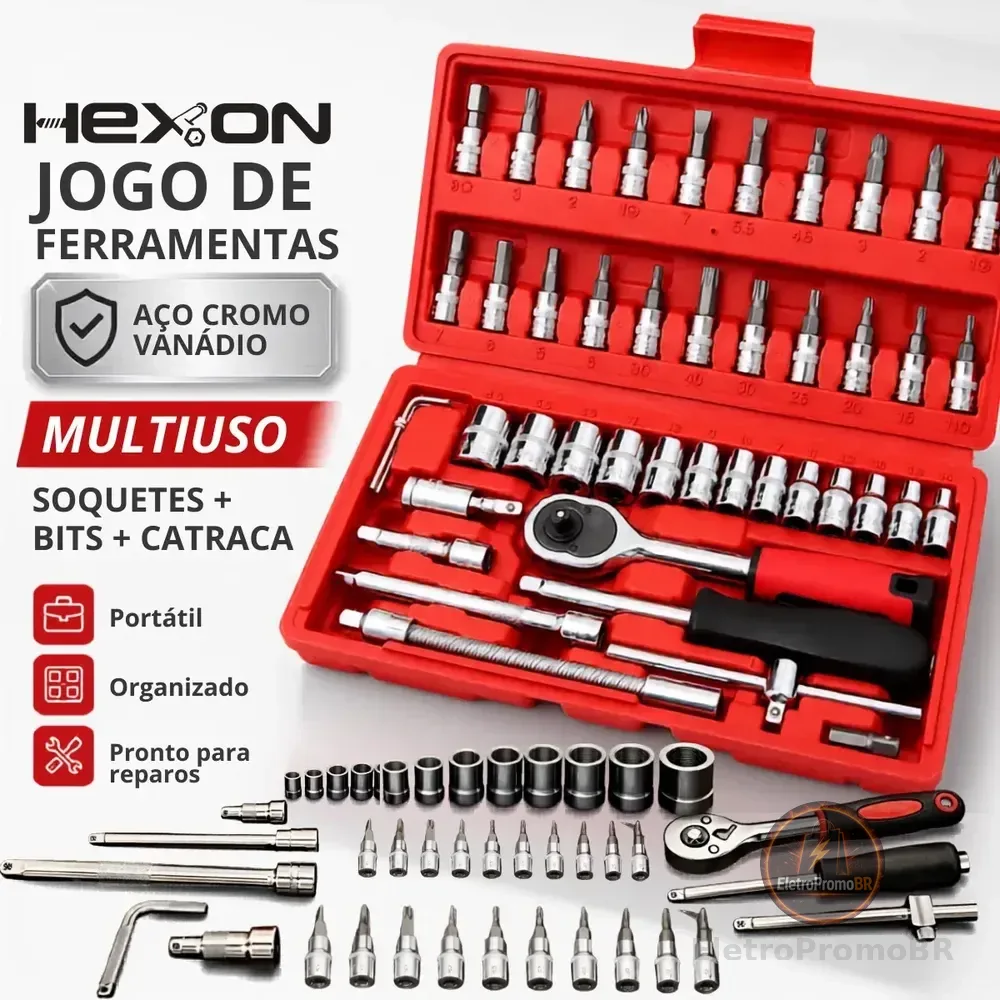 Kit Jogo Chaves Fenda Philips Catraca Soquete Allen Canhão 46 Peças Com Maleta Portátil Completa Mecânico Oficina Manutenção Casa Carro Profissional Resistente Uso Doméstico Compacto Original Hexon