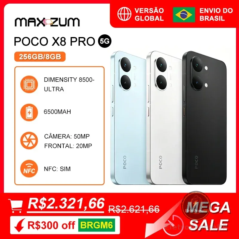 Poco X8 PRO 5G, 256/8GB, Smartphones e Celulares MediaTek Dimensity 8500-Ultra, Bateria 6500mAh, Versão Global, Câmera 50MP