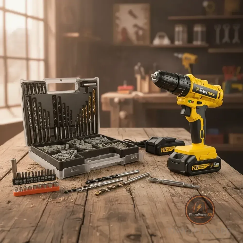 Furadeira Parafusadeira 21v Com 2 Baterias + Jogo 300 Peças Amarelo 21v