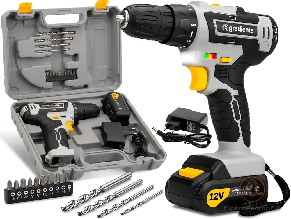 Parafusadeira Furadeira Sem Fio A Bateria 12V 3/8 Pol. 10mm Gradiente Profissional Com Maleta Brocas e Bits