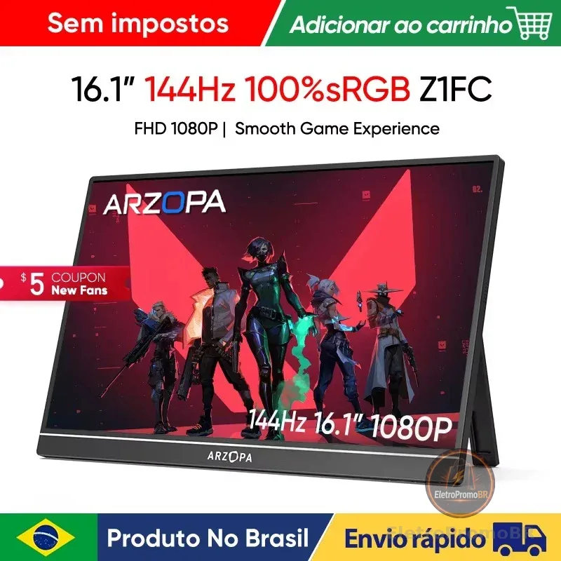 Monitor Gamer Portátil ARZOPA 16.1 polegadas 100% sRGB 144Hz com Display para Laptop, Type C e Mini HDMI para PS4/5, Steam Deck, Switch, PC e Mac