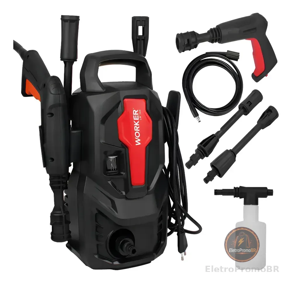 Lavadora De Alta Pressão Potente 1305lbs Kit Shampoo Worker Preto 60 Hz