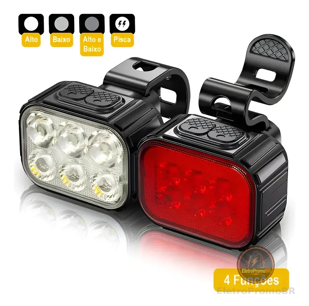 Kit Lanterna E Farol Bicicleta Potente 6 Leds Recarregável Preto