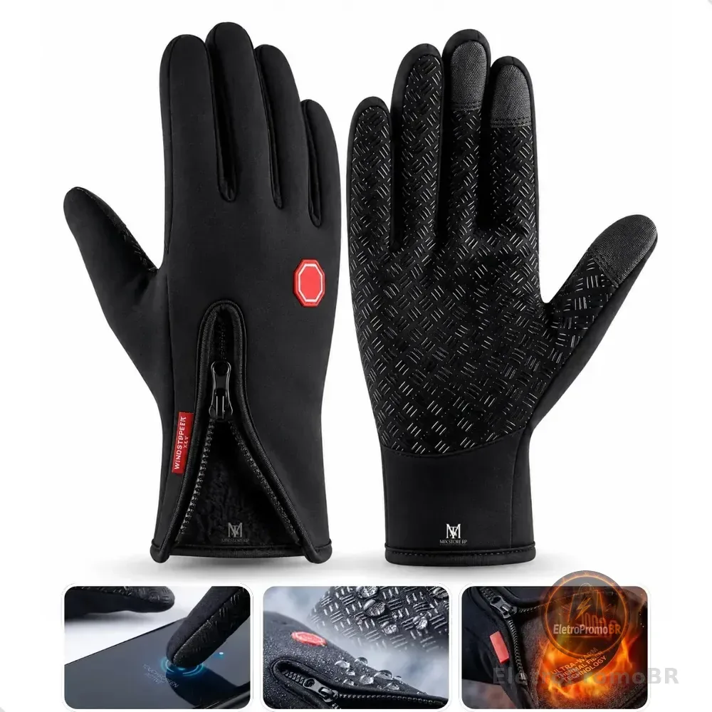 Luva Moto Bike Motoqueiro Impermeavel Forrada Touch Termica Antiderrapante Ciclismo Motorista Esportiva Esportivo Luvas Com Forro Inverno Frio Chuva Andar Moto Ciclista Bicicleta Zíper - GG
