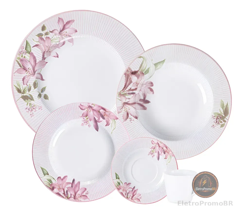 Aparelho Jantar Dominique Em Porcelana 20 Peças Tramontina Branco Com Rosa Florido