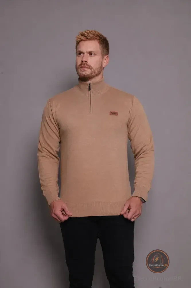 Suéter Masculino Zíper Gola Alta Red Nose Básico Inverno Bege G