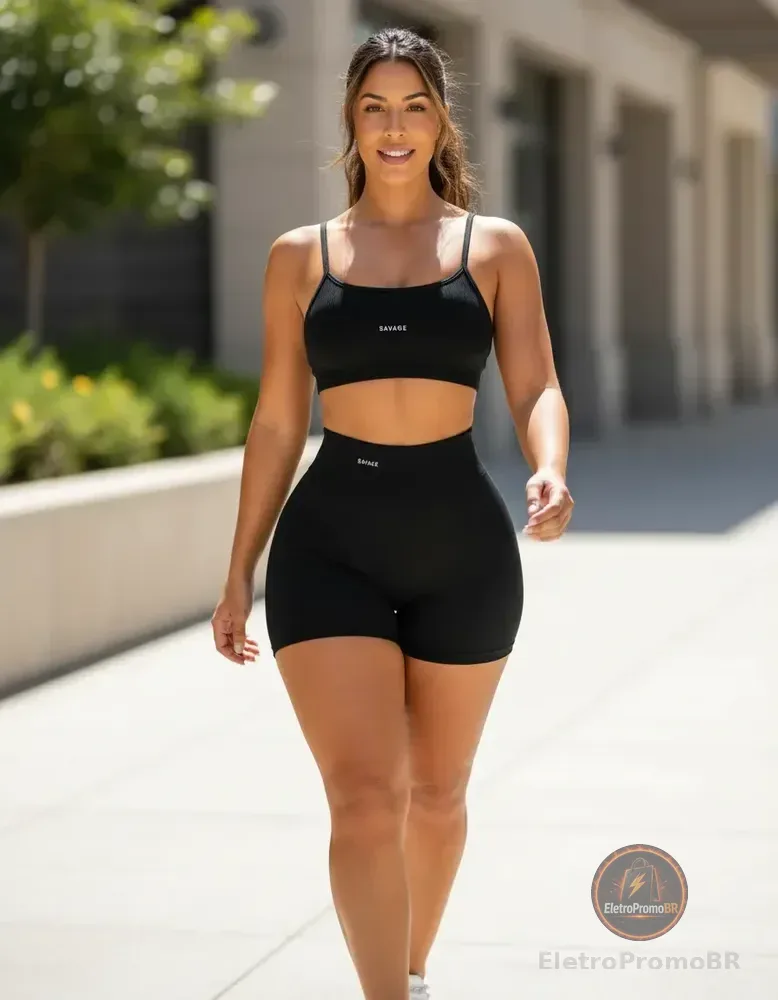 Conjunto Fitness Virginia Top Shorts Meia Coxa Cintura Alta Preto Lisa M