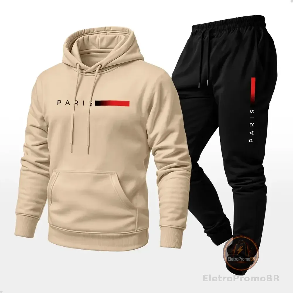 Conjunto Moletom Calça Masculino Estampado Paris Capuz Bolso G Cáqui