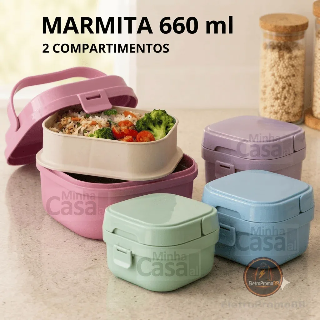Pote Hermético Marmita Fit Com Alça e Divisórias Prática Plasvale Adulto e Infantil