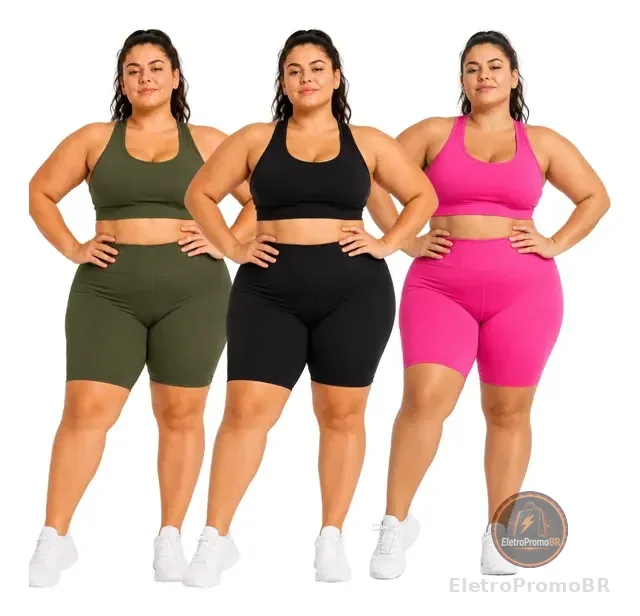 Kit 3 Conjunto Top Short Academia Plus Size Feminino