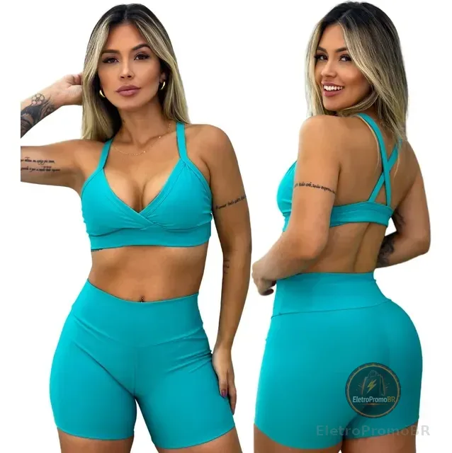 Conjunto Short E Top Academia Feminino Cós Alto Neutro