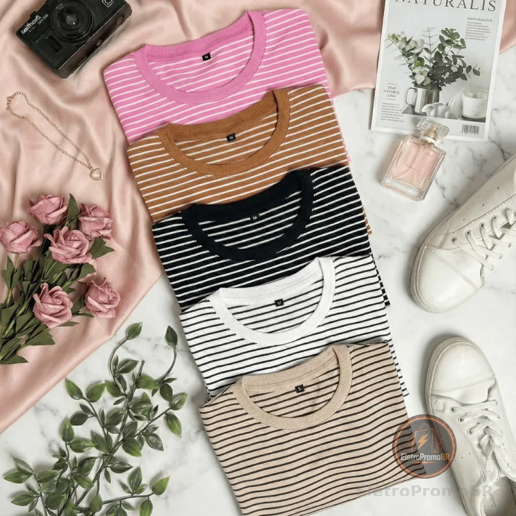 Blusa Feminina Listrada Tshirt Manga Curta Elegante do P ao GG Algodão Confortável Fresca Moda Verão
