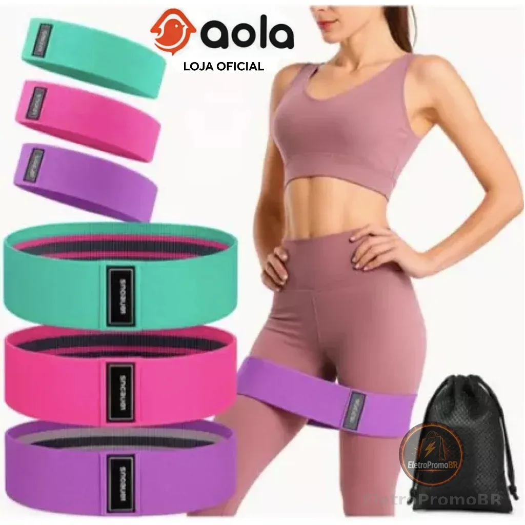 Kit 3 Faixas Elásticas de Tecido Treino Yoga Resistentes Confortáveis e Antideslizantes