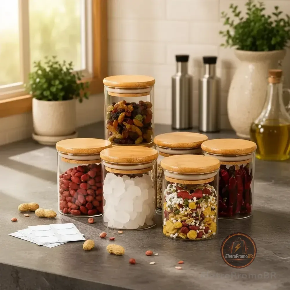 Kit 6 Pote Vidro Porta Temperos Hermético Cozinha + Brinde Vidro/tampa De Bambu