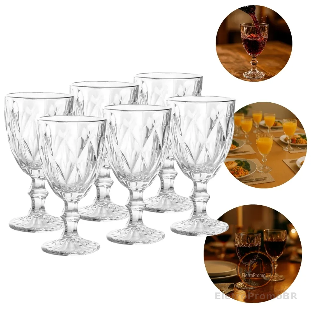 Jogo de 6 Taças de Cristal 330ml de Brilho Incomparável - Linha Premium Decorativa