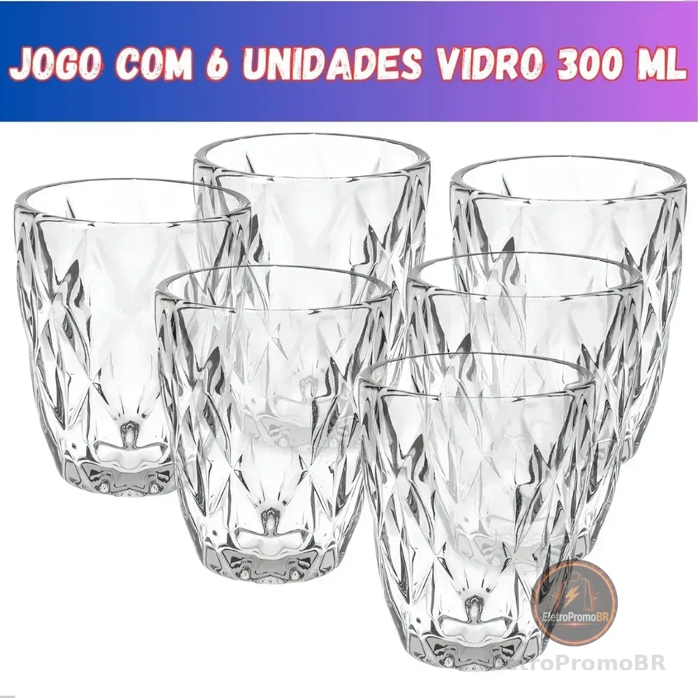 Jogo 6 Copos Vidro Diamante Grosso Resistente Agua 300ml Branco Ms Variedades