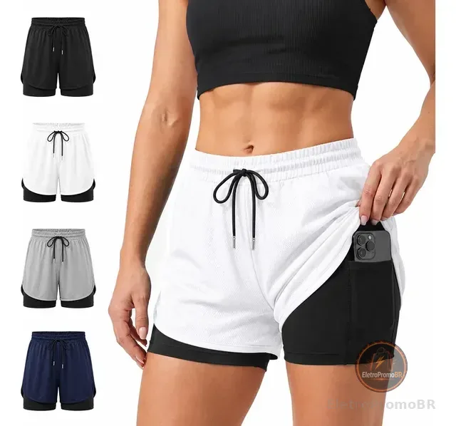 Short Fitness Feminino 2 Em 1 Bermuda Compressão Duplo Praia