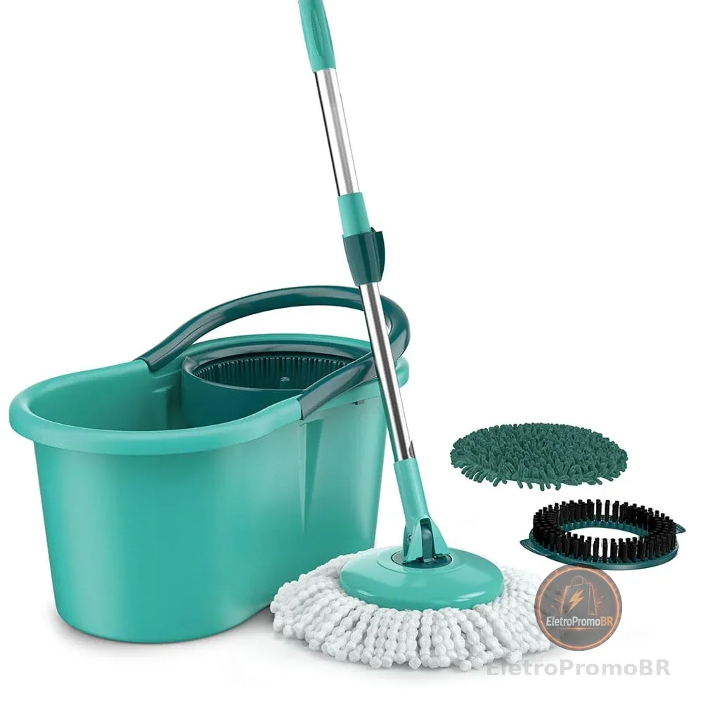 Mop Giratório 3 em1, balde com 12 litros e 3 opções de Refis, ( microfibra, tira pó e limpeza pesada) MOP8258, Flash Limp