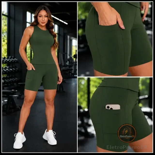 Conjunto Fitness Feminino Regata E Bermuda Bolso Corrida